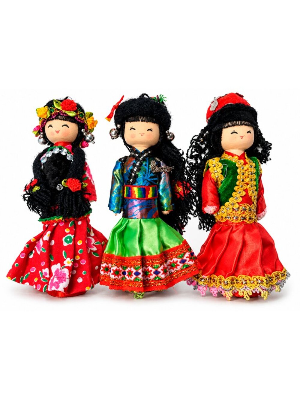 Set of 3 Vintage Asian Folk Art Cloth Dolls Silk Embroidered Costume Statues